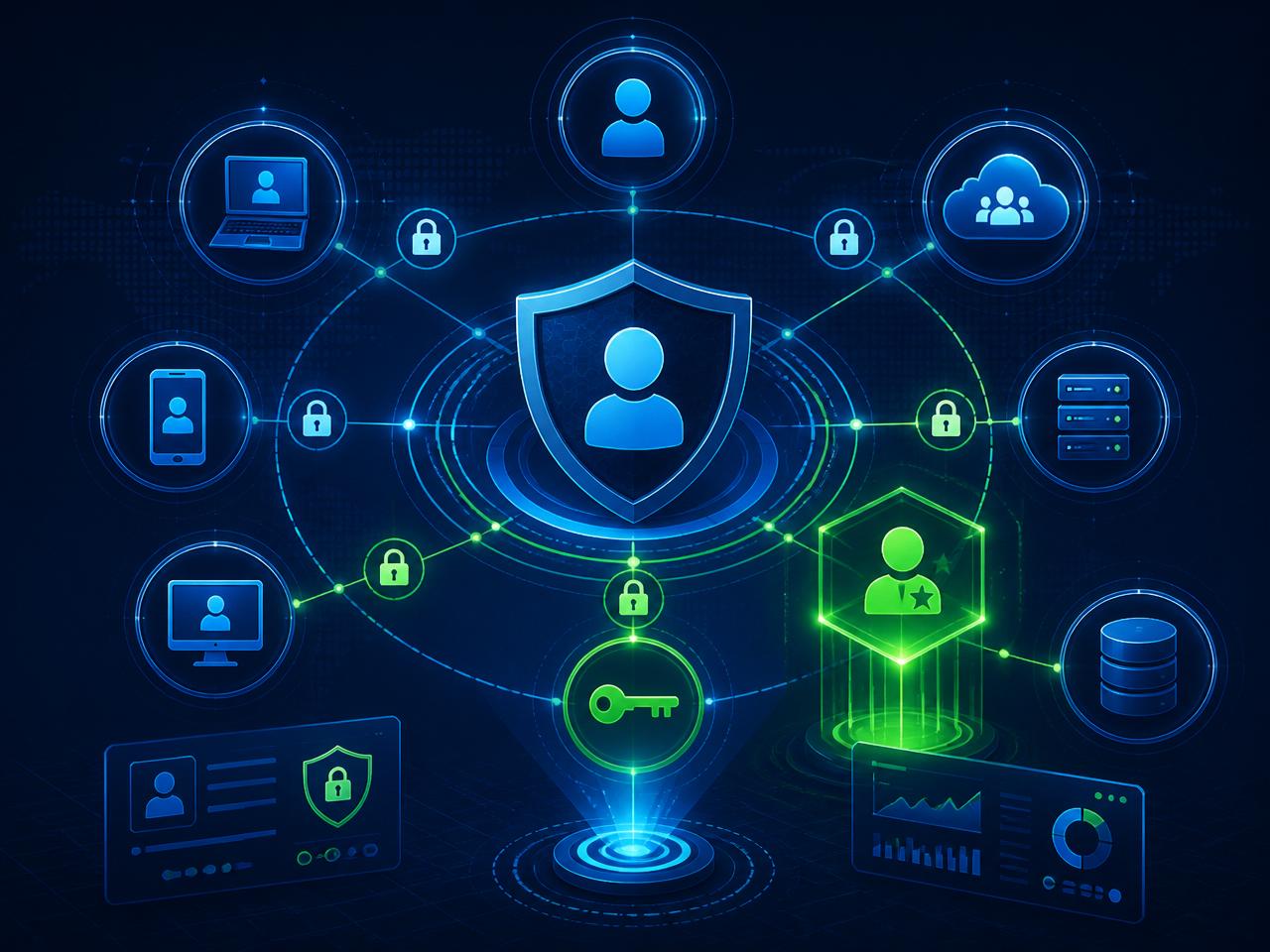 PAM and IAM identity protection infographic with shield, users, and privileged access nodes